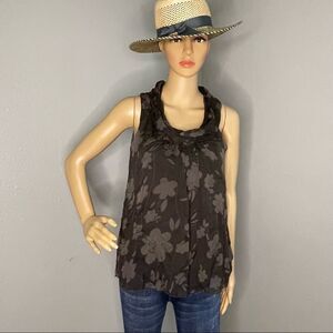Carla Conti Sleeveless Dark Green Draped Neck Floral Silk Blouse Size Small